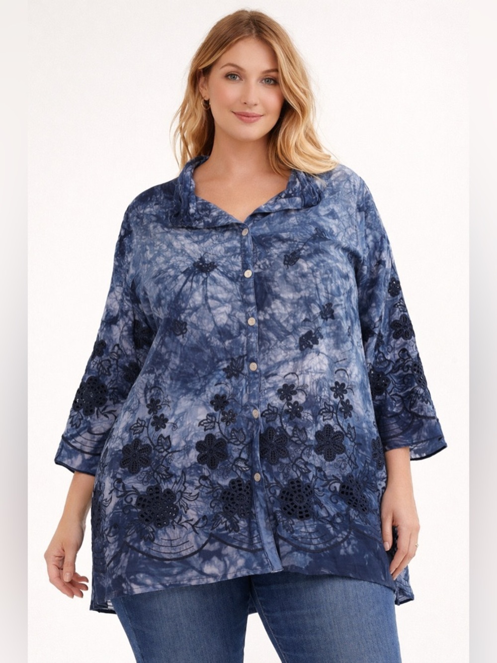 John Mark 2X Blue Tie Dye Embroidered Tunic Top Boho Button Front Blouse